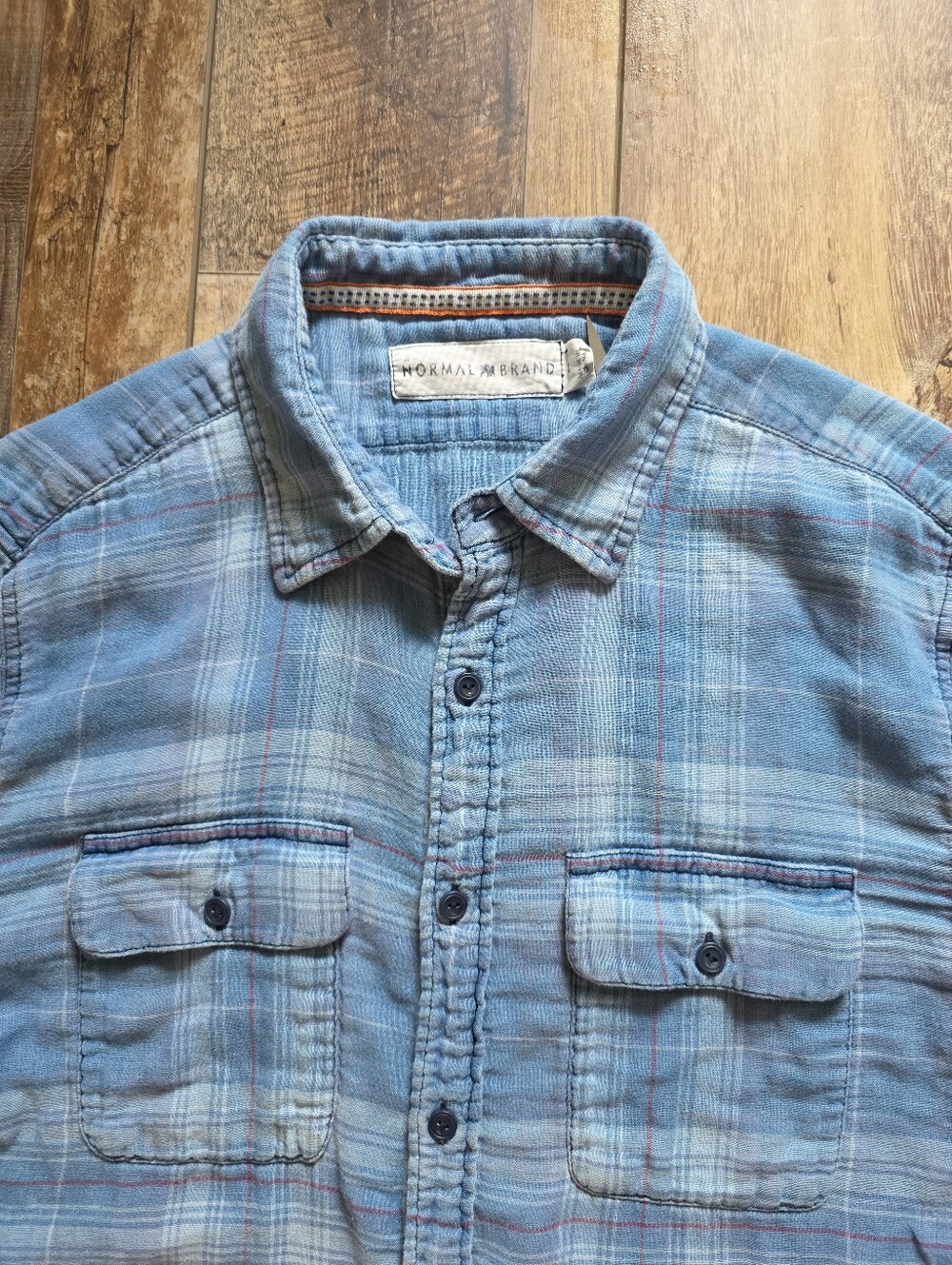 The Normal Brand - Double Cloth Indigo Check Button Up - L - Indigo Washed Blue